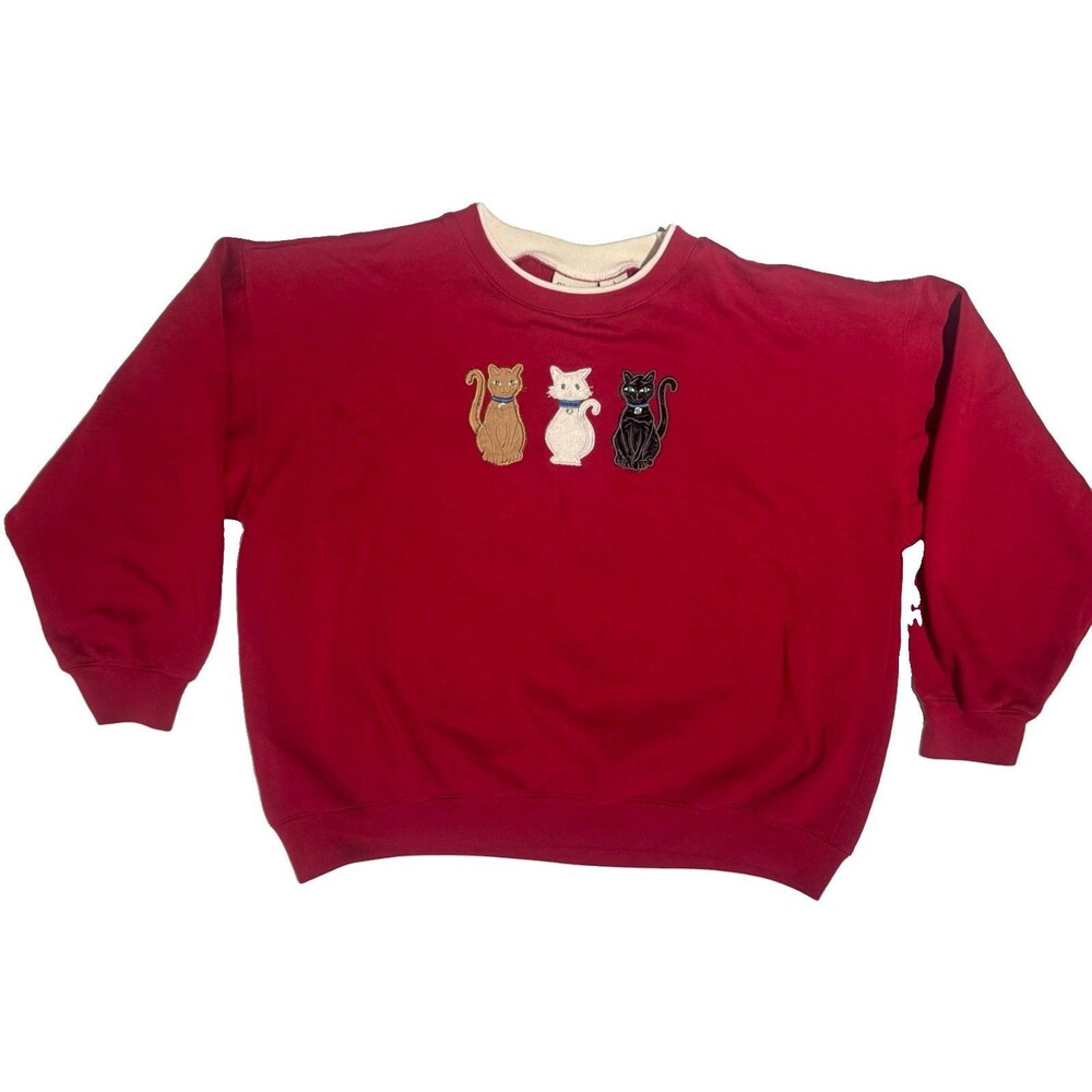 Vintage 90s Classic Elements Cat Embroidered Sweatshirt Women's L Red Crewneck